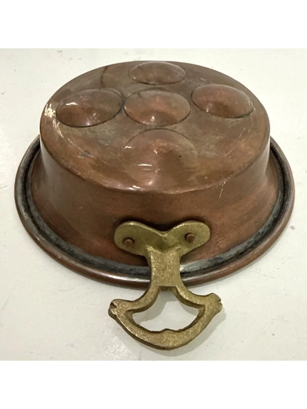 Antique French Copper Brass Handled Egg Poacher Escargot Pan 5 Hole